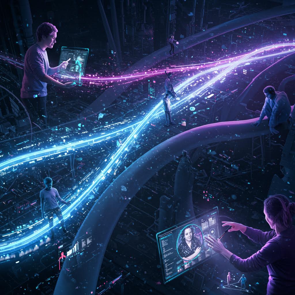 빛의 흐름 위에서 사람들이 연결되며 온카스터디의 네트워크처럼 신뢰가 흐르는 장면