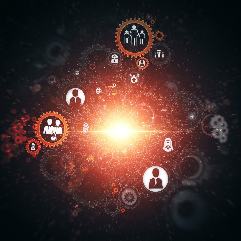 중앙에서 빛을 발하며 주변에 사람 아이콘, 자물쇠, 비즈니스 심볼이 있는 톱니바퀴들로 둘러싸인 조직 네트워크 및 보안 개념