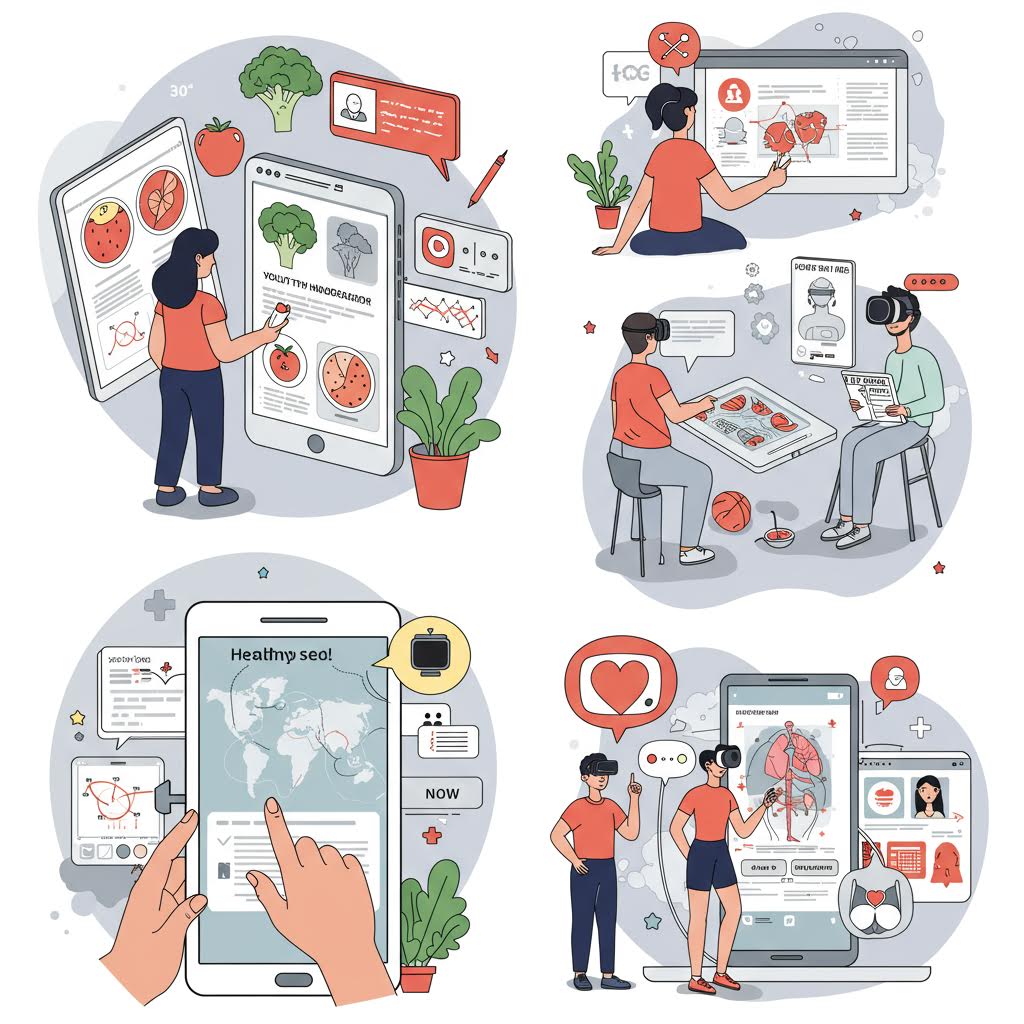 온카스터디 디지털 헬스 교육 플랫폼, 스마트 기기를 통해 건강 정보를 시각화하고 학습하는 모습