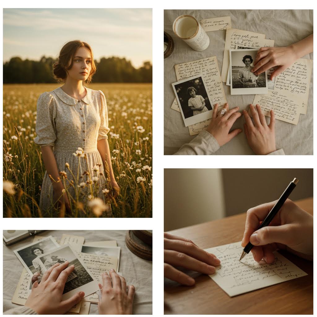 석양빛 들판 속에 선 여인이 잊힌 편지의 기억처럼 고요히 머무는 장면