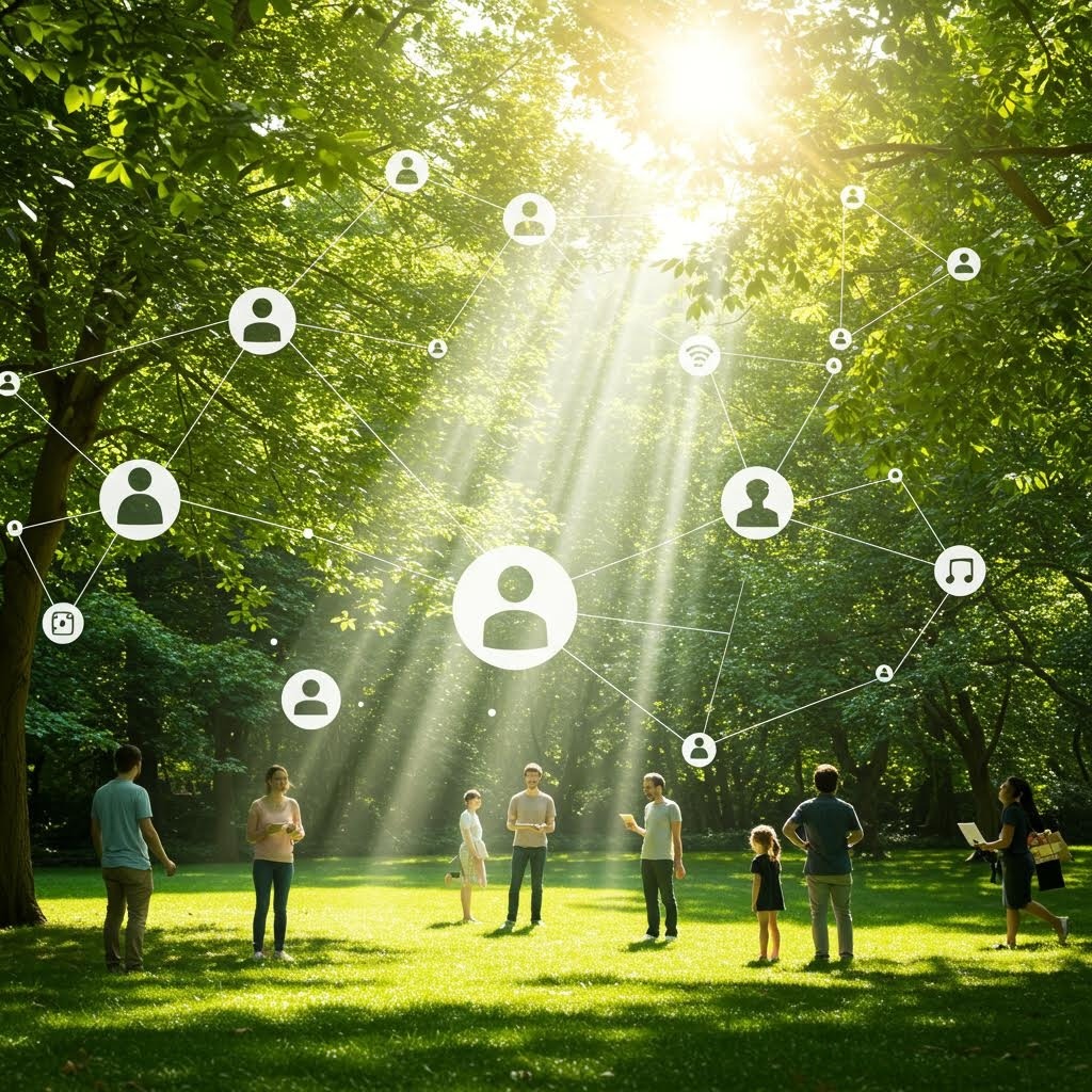 온카스터디 자연 속 소셜 네트워크: 햇살 가득한 공원에서 사람들 위로 디지털 연결선과 아이콘이 떠 있는 커뮤니티 장면.