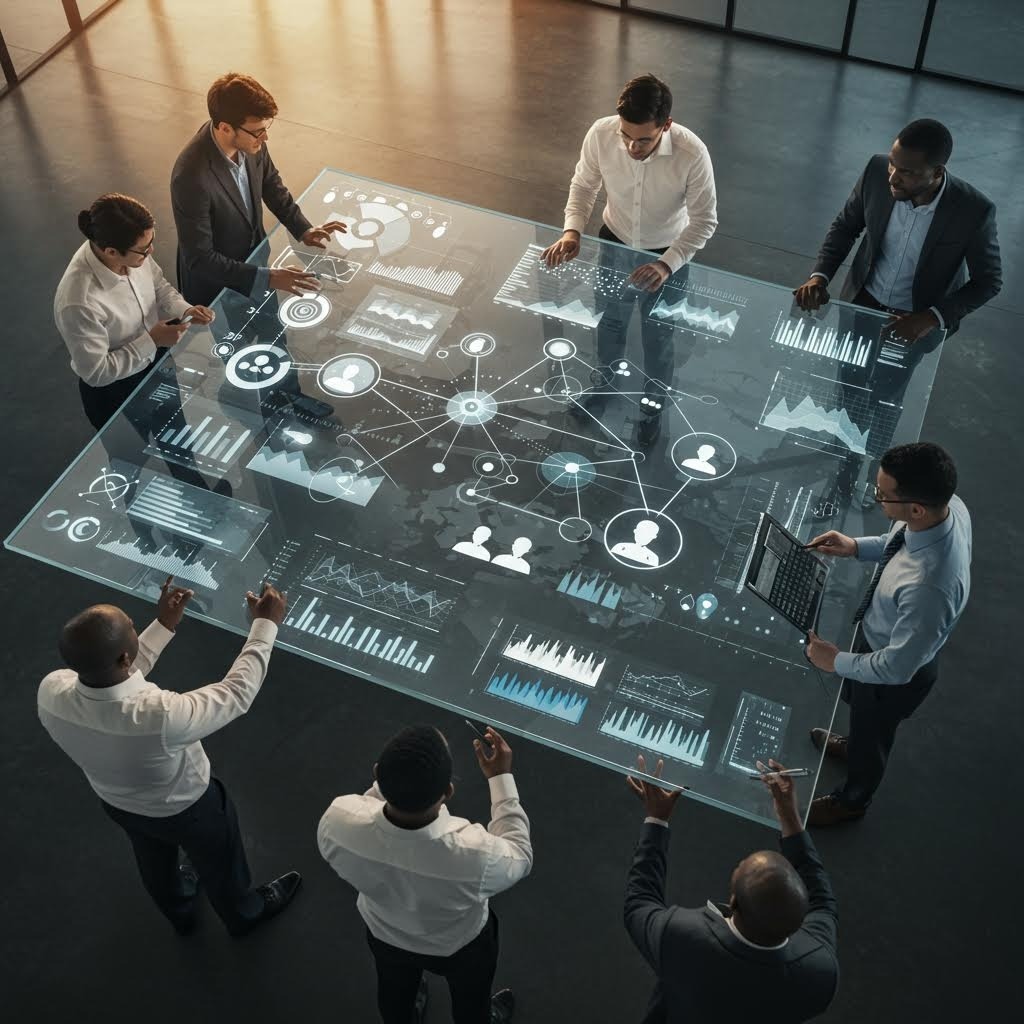 온카스터디 홀로그램 데이터 분석: 투명 테이블 위 네트워크 그래프와 차트를 손으로 조작하는 비즈니스 전문가들.