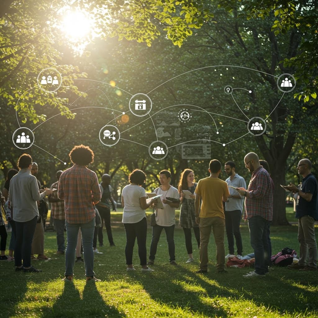 햇살 가득한 공원에서 다양한 사람들이 모여 태블릿 보며 토론, 위에 사람·채팅·위치 아이콘 네트워크가 투영된 커뮤니티 참여 장면.