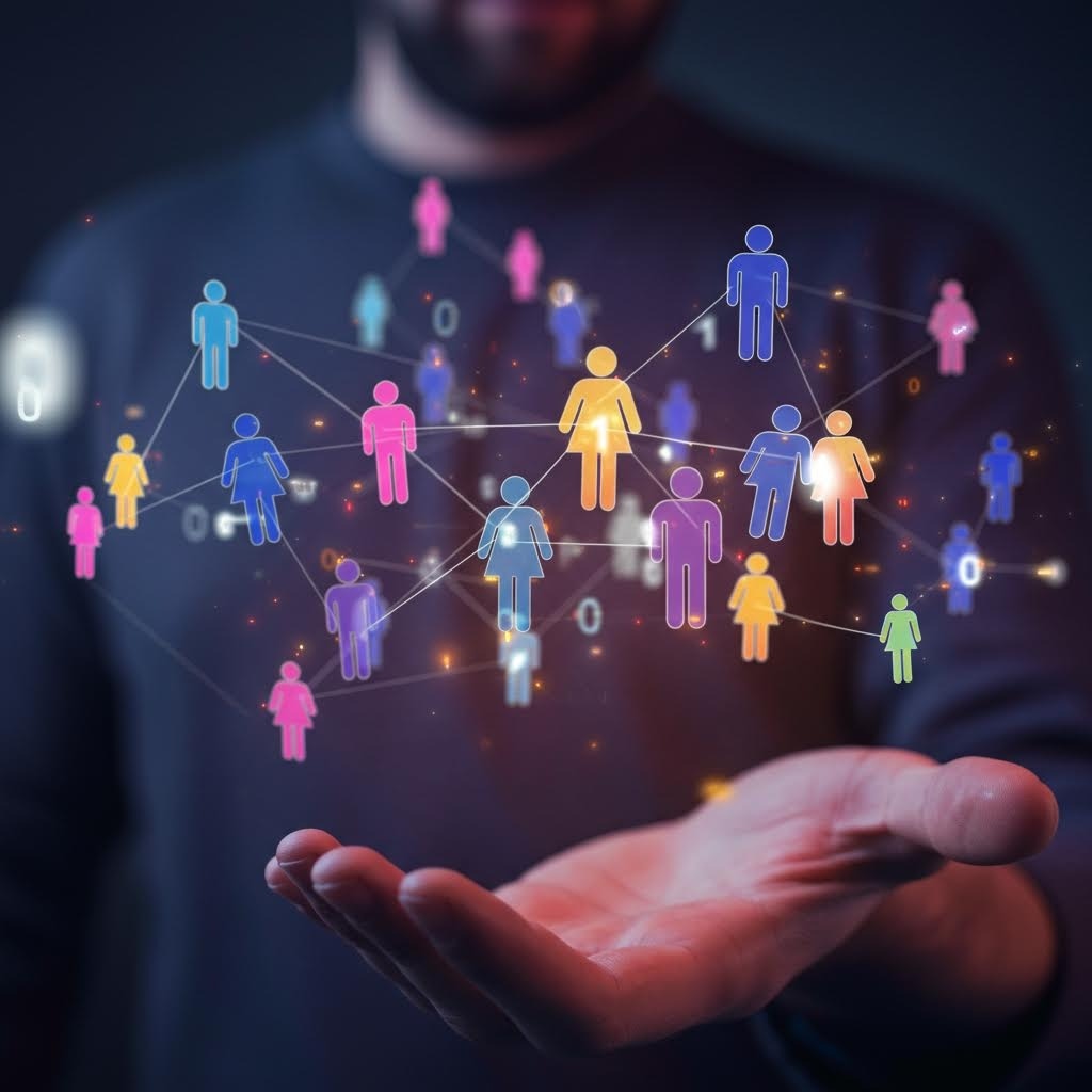 손바닥 위에 떠 있는 무지개색 사람 아이콘들이 선과 숫자로 연결된 빛나는 네트워크, 디지털 커뮤니티와 연결성을 상징하는 추상 이미지.