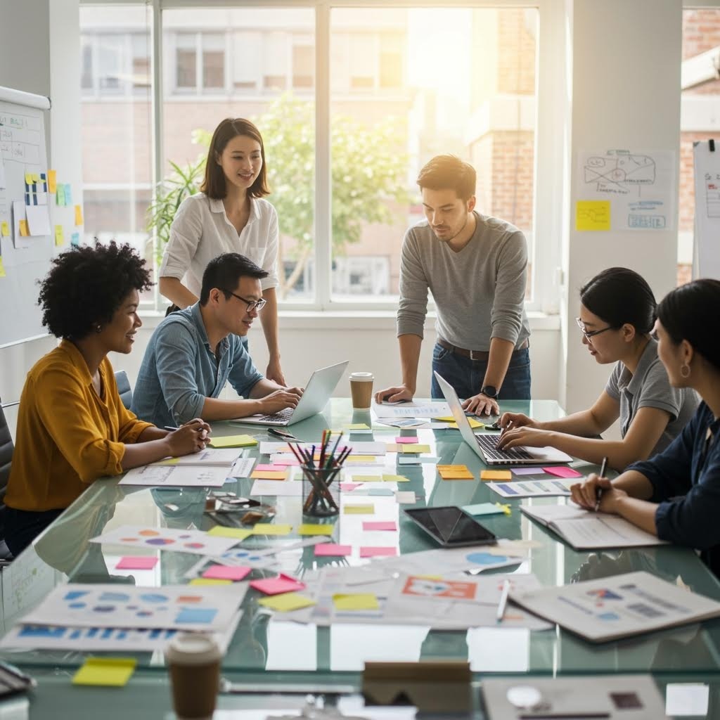 온카스터디 팀 브레인스토밍: 밝은 사무실에서 노트북과 스티커 메모로 둘러싸인 테이블 위 협업 중인 다문화 팀.