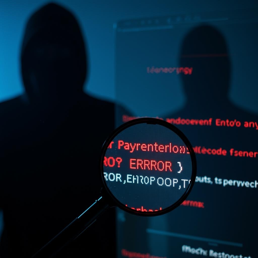 돋보기로 에러 코드를 분석하는 해커 실루엣 사이버 보안 위협과 코드 취약점 조사 장면