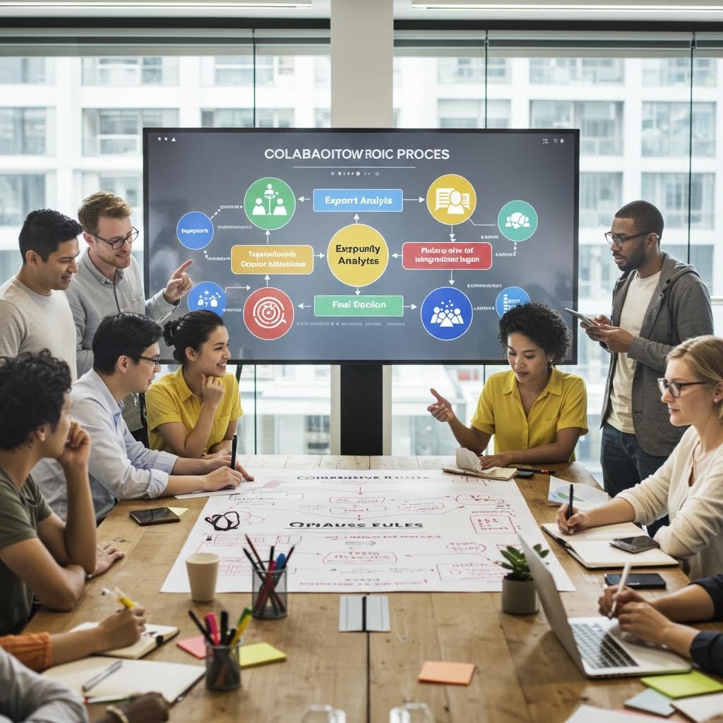 온카스터디 협업 ROI 프로세스: 회의실에서 대형 화면 앞 다양한 사람들이 Opportunity Analysis 흐름을 논의하는 현장.