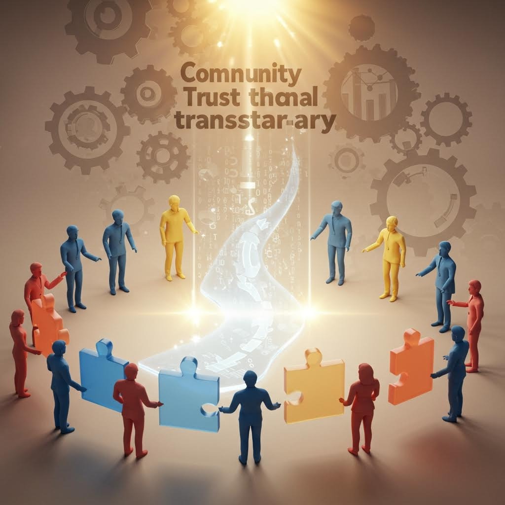 온카스터디 커뮤니티 신뢰 퍼즐: 퍼즐 조각을 들고 디지털 데이터 흐름 앞에 선 다양한 피규어들의 협력 상징.