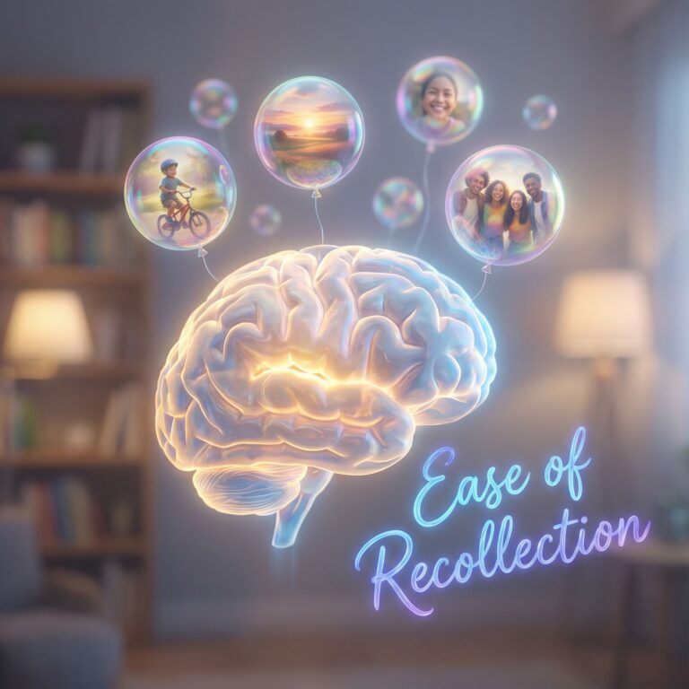 빛나는 뇌에서 생생한 색깔의 기억 거품들이 쉽게 떠오르는 모습이다.