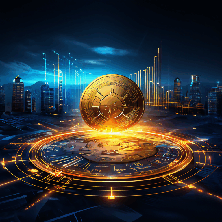 황금색 동전이 재무 데이터로 이루어진 풍경 속에서 빛나는 두 갈래 길로 나뉘어 가는 모습이다.