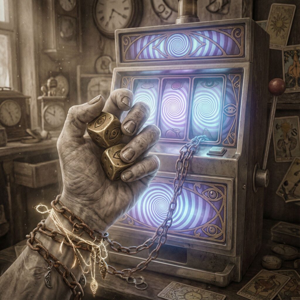 눈부신 빛을 뿜는 슬롯머신에 미신의 사슬로 묶인 절박한 손이 행운의 주사위를 움켜쥔 초현실적인 모습이다.