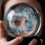 수학 공식과 물음표가 소용돌이치는 수정구를 바라보는 인간의 눈이 우연의 해석을 표현한 모습이다.