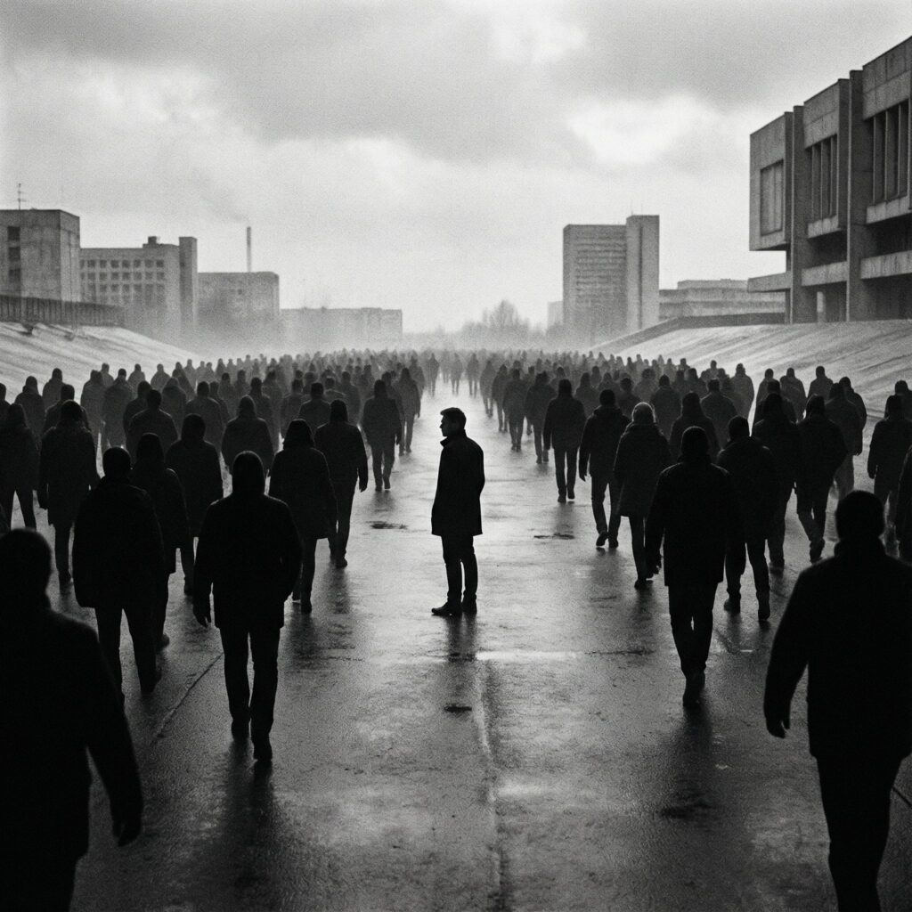 검은색 실루엣의 군중이 한 방향을 따라가고, 유일하게 뒤돌아 멈춰 선 한 사람이 대비를 이루는 모습이다.