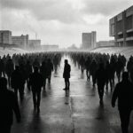 검은색 실루엣의 군중이 한 방향을 따라가고, 유일하게 뒤돌아 멈춰 선 한 사람이 대비를 이루는 모습이다.