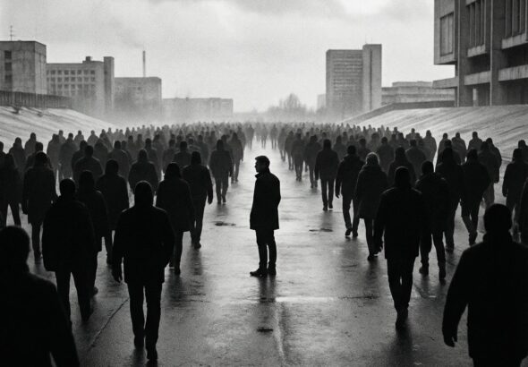 검은색 실루엣의 군중이 한 방향을 따라가고, 유일하게 뒤돌아 멈춰 선 한 사람이 대비를 이루는 모습이다.