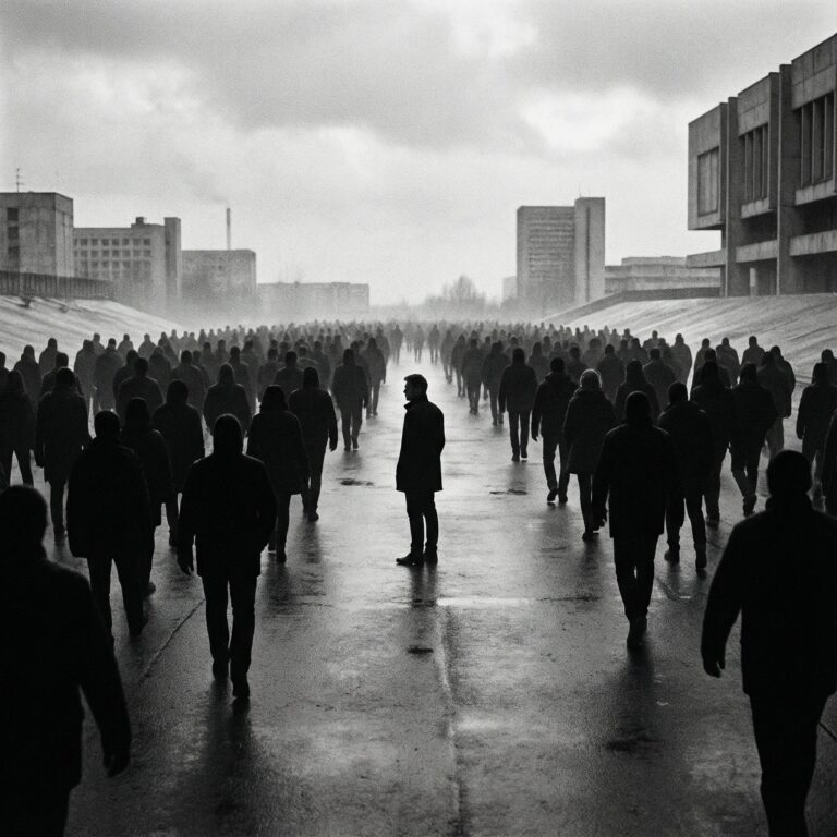 검은색 실루엣의 군중이 한 방향을 따라가고, 유일하게 뒤돌아 멈춰 선 한 사람이 대비를 이루는 모습이다.