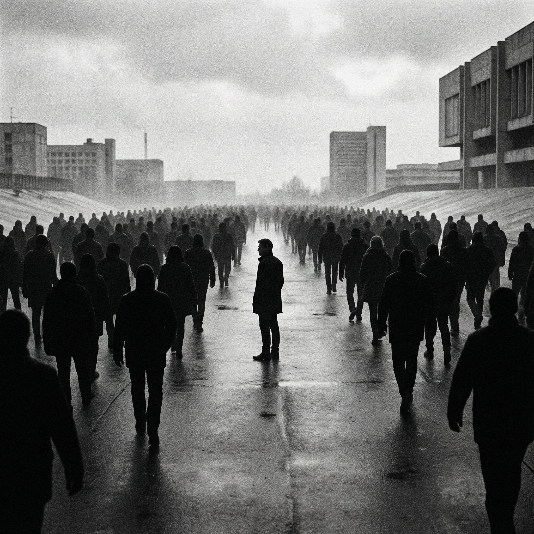 검은색 실루엣의 군중이 한 방향을 따라가고, 유일하게 뒤돌아 멈춰 선 한 사람이 대비를 이루는 모습이다.