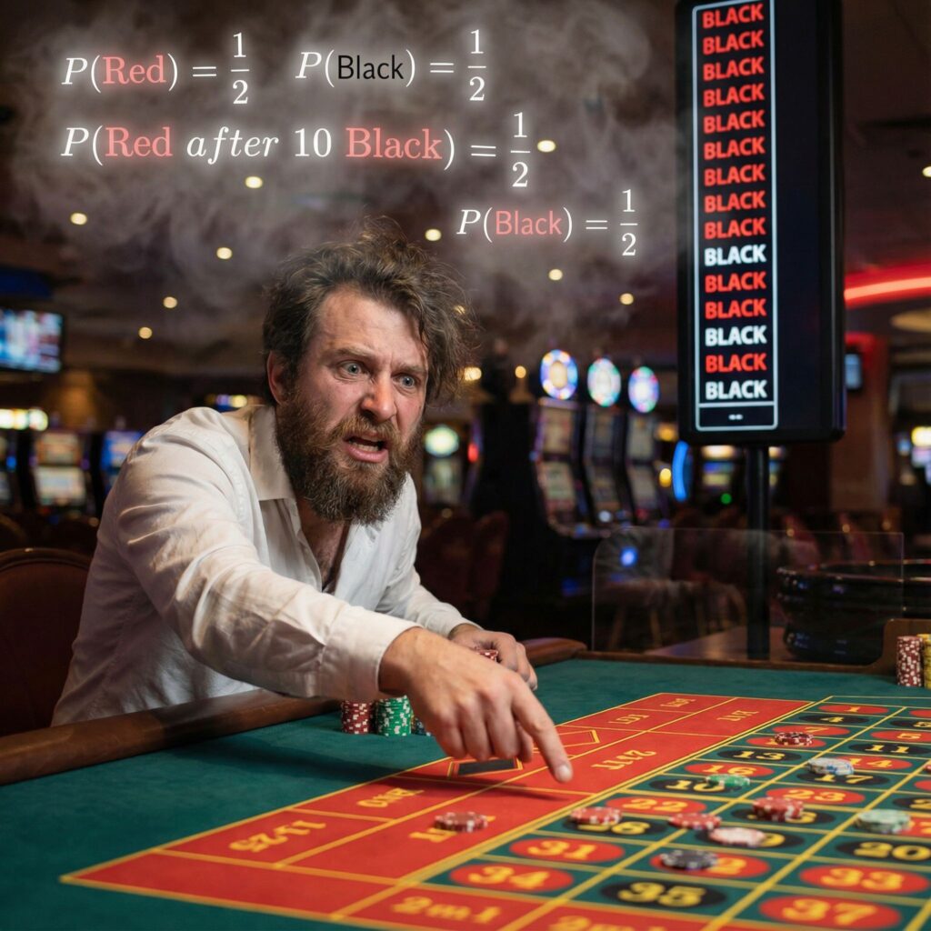 붉은색과 검은색 숫자가 적힌 룰렛 옆에 서 있는 도박사의 모습으로, 공이 검은색에 여러 번 멈춘 후