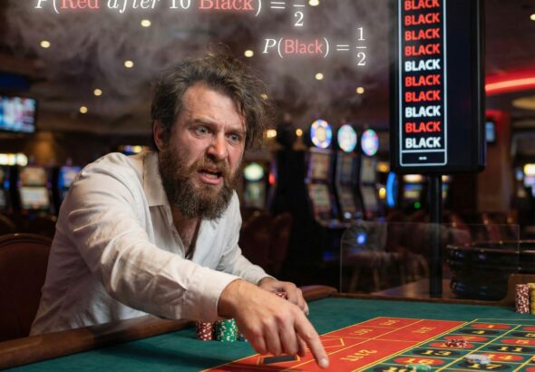 붉은색과 검은색 숫자가 적힌 룰렛 옆에 서 있는 도박사의 모습으로, 공이 검은색에 여러 번 멈춘 후