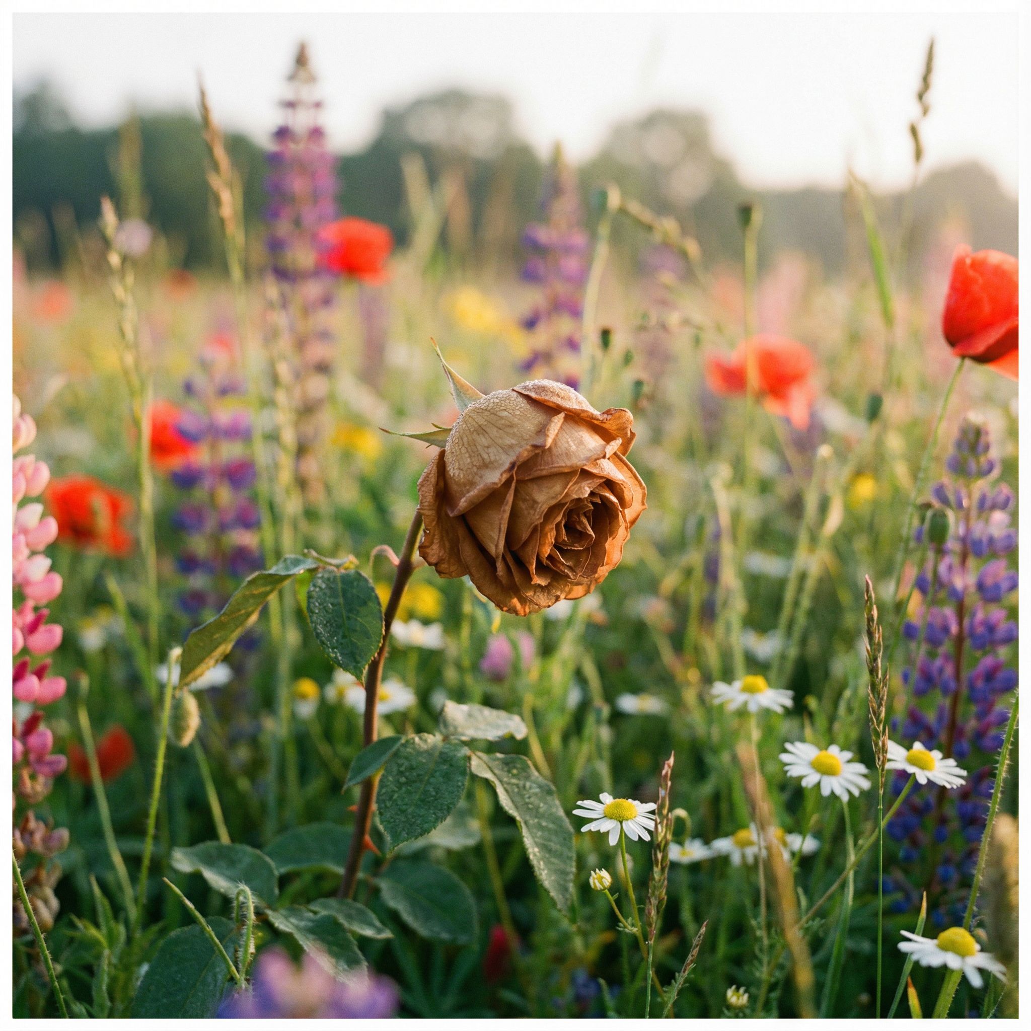 초점이 선명한 시든 꽃 한 송이가 주변의 흐릿하고 생기 넘치는 여러 꽃들에 둘러싸여 있습니다.