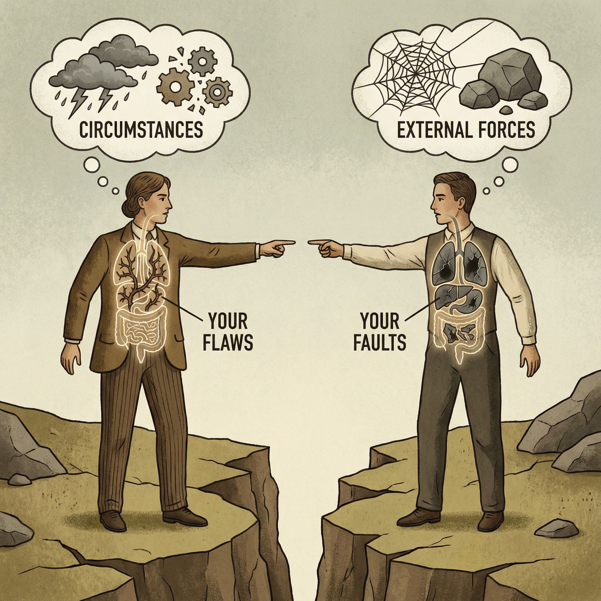 두 사람이 서로의 내면 결함을 가리키며 자신의 문제는 외부 탓으로 돌리는 모습을 풍자한 일러스트입니다.
