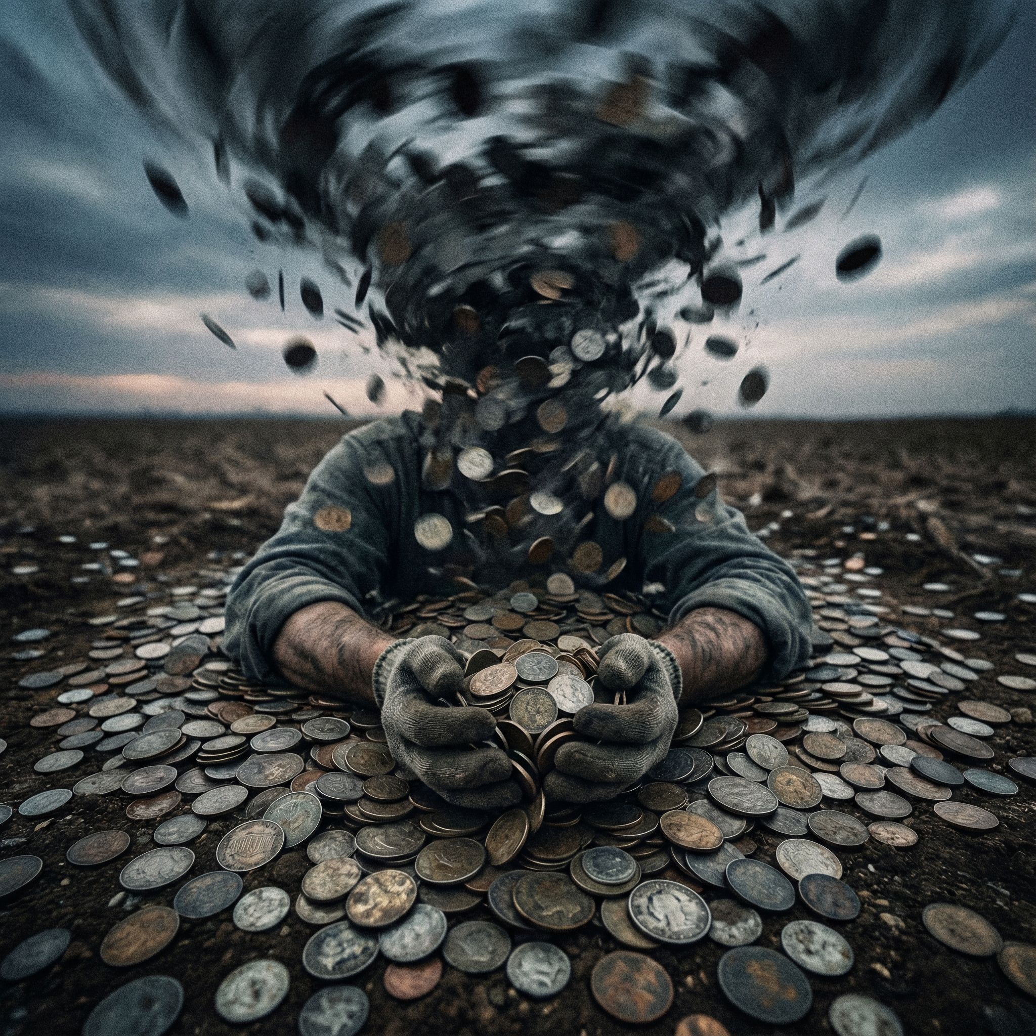 검은 소용돌이로 빨려 들어가는 동전 늪에 사람이 빠져 더 많은 동전을 움켜쥔 모습이다.