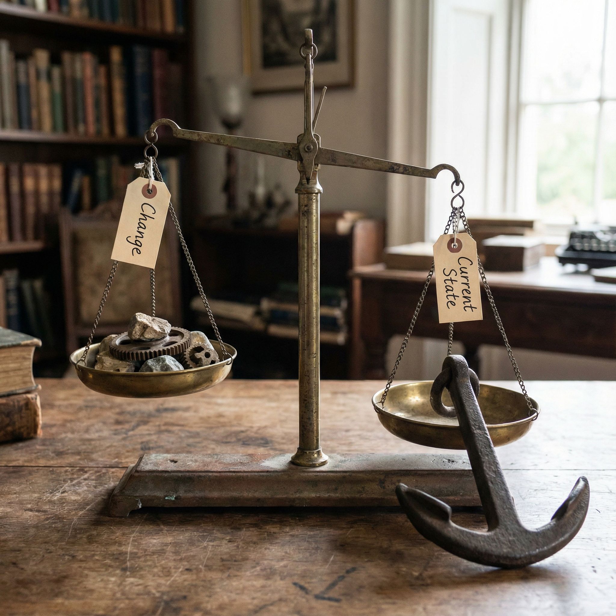 한쪽은 변화, 다른 쪽은 현재 상태라고 적힌 무게추가 올려진 천칭이 균형을 이루고 있으나, 현재 상태