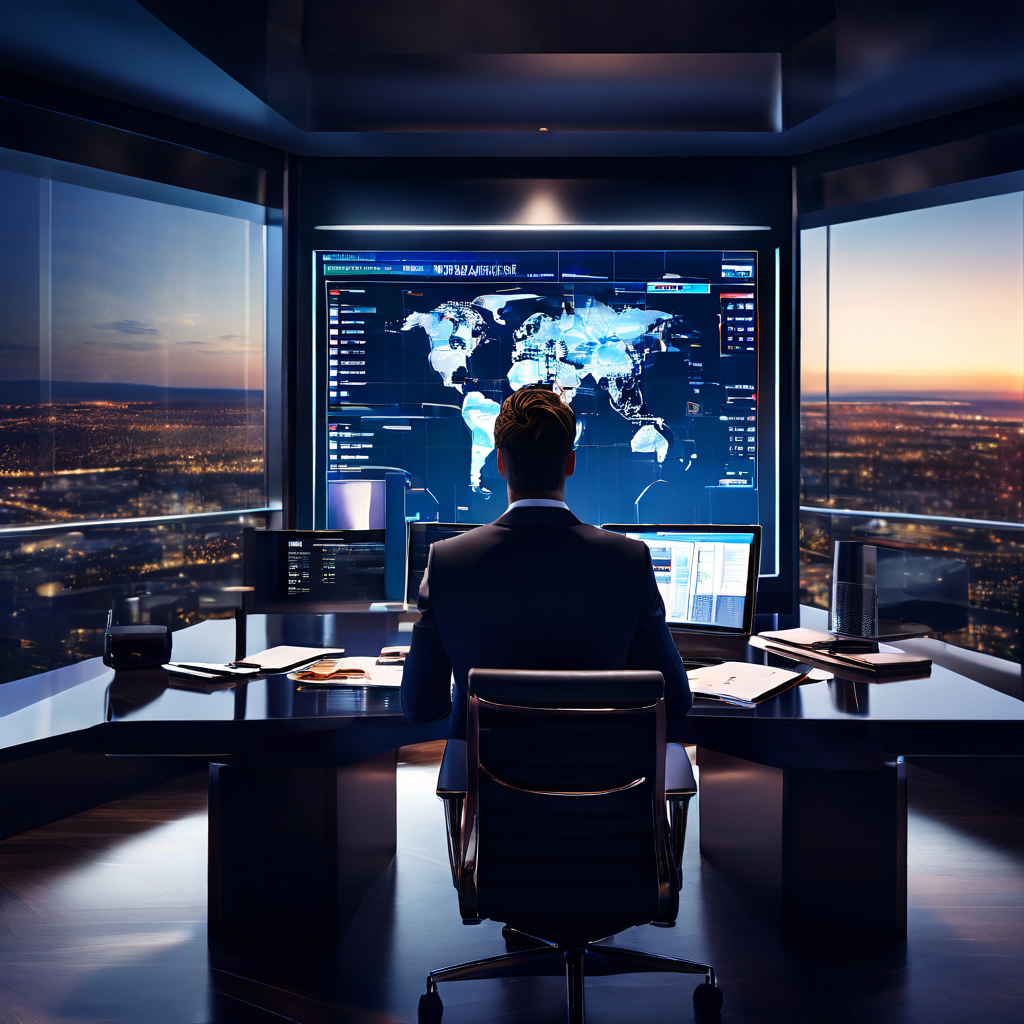 정장을 입은 금융 조언자가 고급스러운 사무실에서 데이터 화면과 기밀 문서를 보여주며 고객 포트폴리오를 설명하는 모습이다.