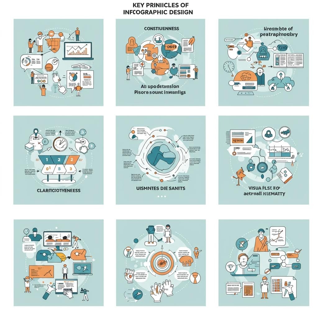 정보 구조화와 시각화 원리를 설명하는 다양한 인포그래픽 요소가 담긴 이미지