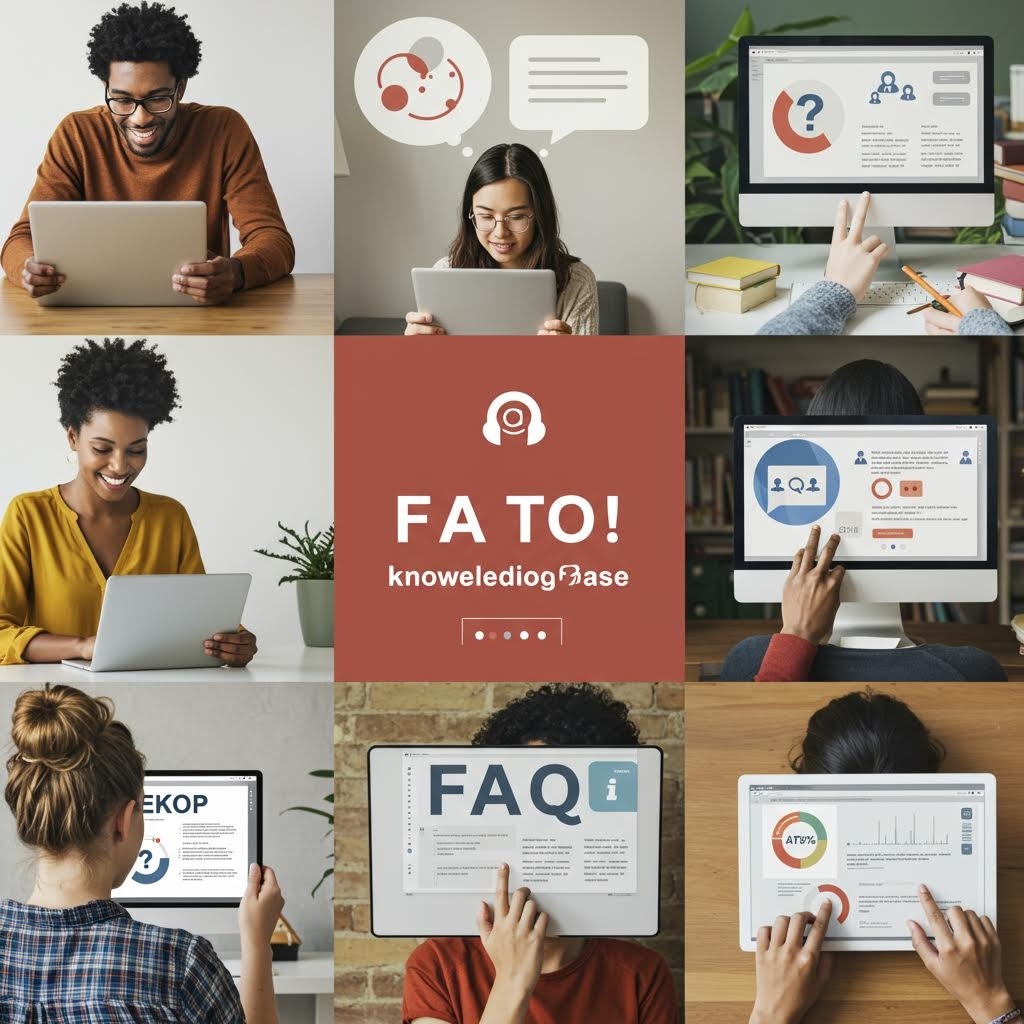 여러 사용자가 FAQ와 온라인 지원 화면을 통해 정보를 찾는 모습을 보여주는 구성 이미지