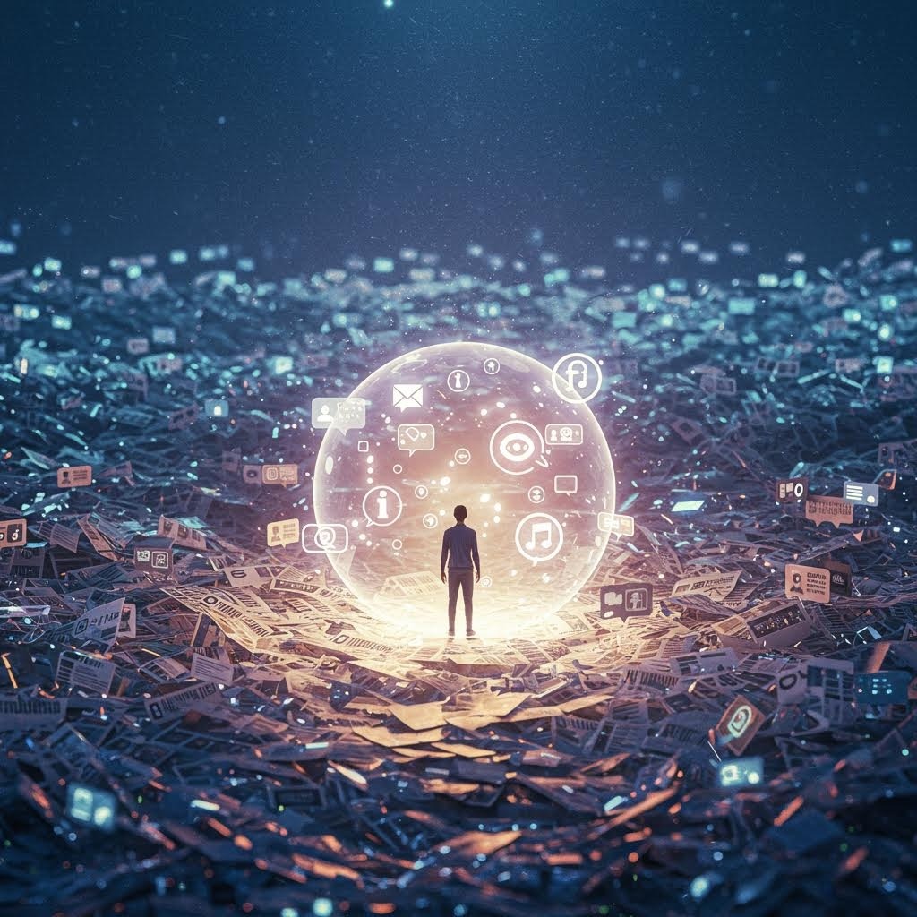 수많은 데이터 속에서 디지털 아이콘이 떠 있는 구체를 바라보는 인물의 상징적 장면