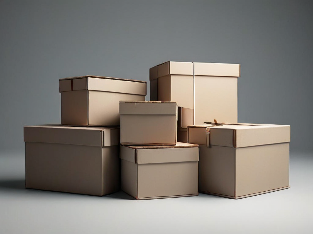 Stacked archive boxes with blank compartment inserts on a matte gray surface, soft side light.