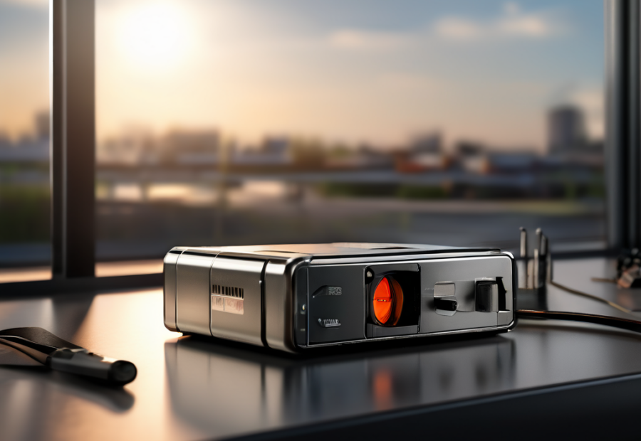 Brushed metal surface with a compact signal indicator block and sealed data tray, angled morning light, shallow depth of field.