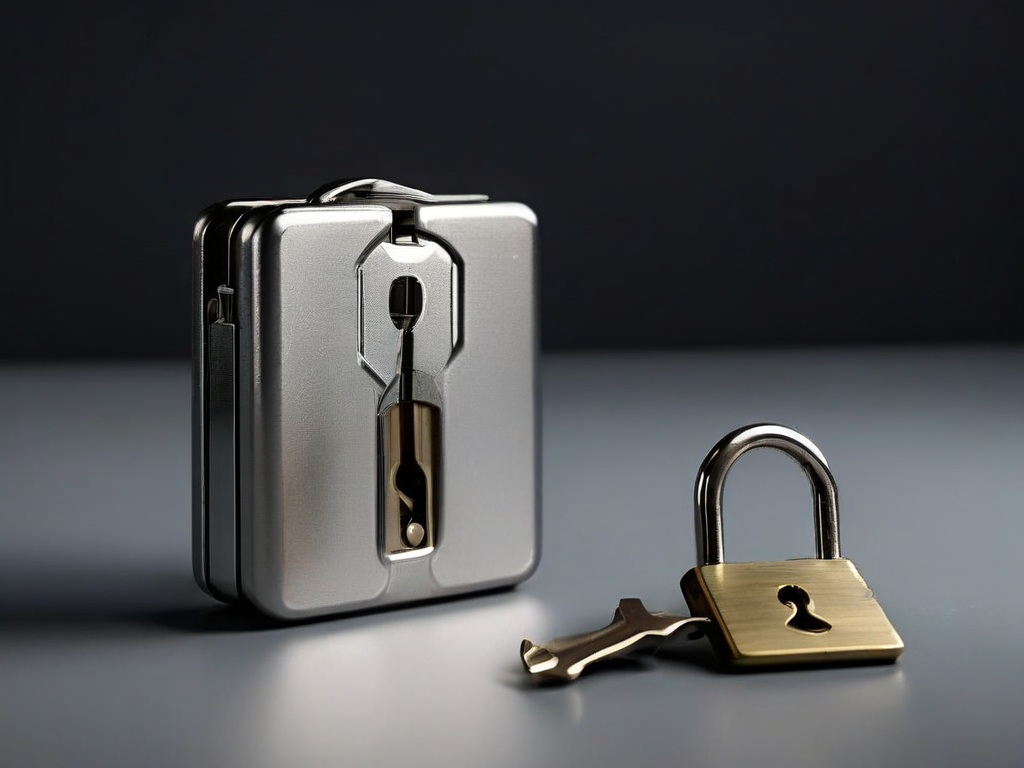 Small metal lock, blank key case, and security card on matte gray surface for account safety metaphor.