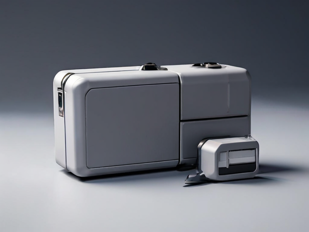 A portable storage drive with stacked blank data blocks and a small capacity gauge prop on a matte gray studio surface.