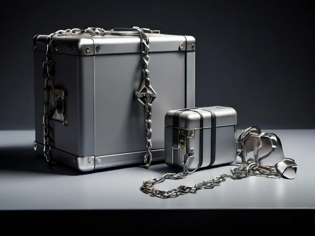 Metal storage case with short chain and separate blocks on gray surface, soft side light, clean shadow.