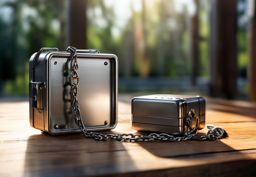 Metal lockbox with chain beside small stacked cubes on brushed metal surface, morning light.