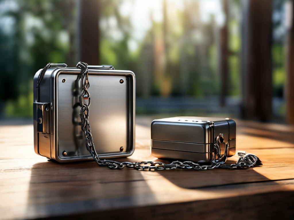 Metal lockbox with chain beside small stacked cubes on brushed metal surface, morning light.