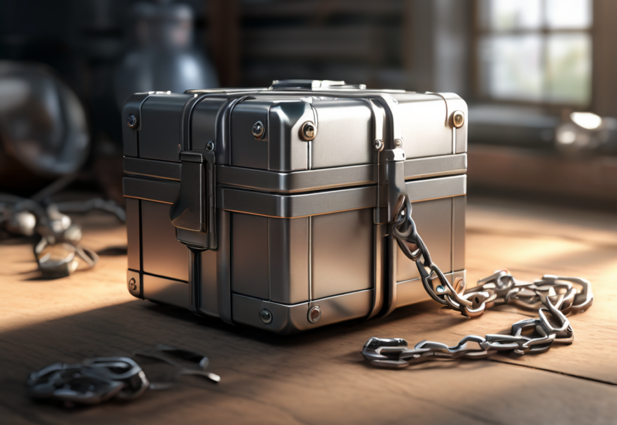 A sealed metal case with a short chain rests on a brushed surface, beside small blocks representing disconnected file locations.