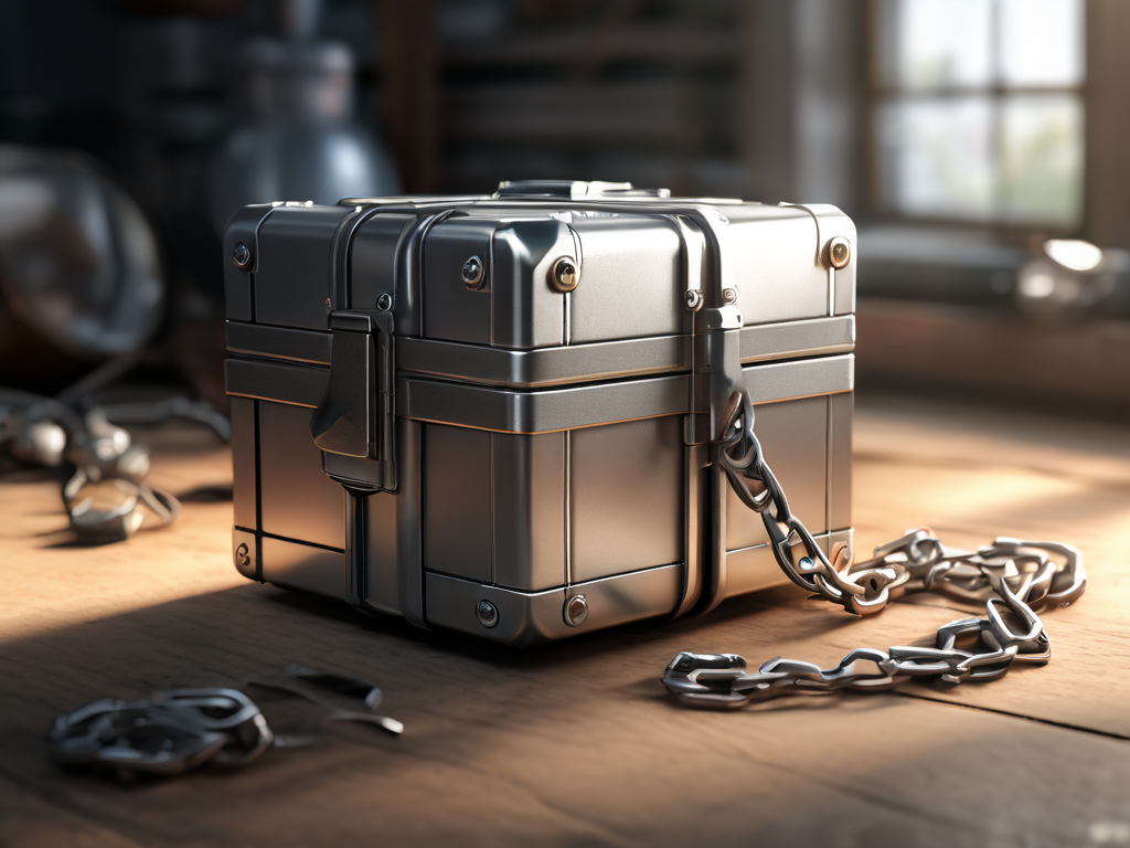 A sealed metal case with a short chain rests on a brushed surface, beside small blocks representing disconnected file locations.