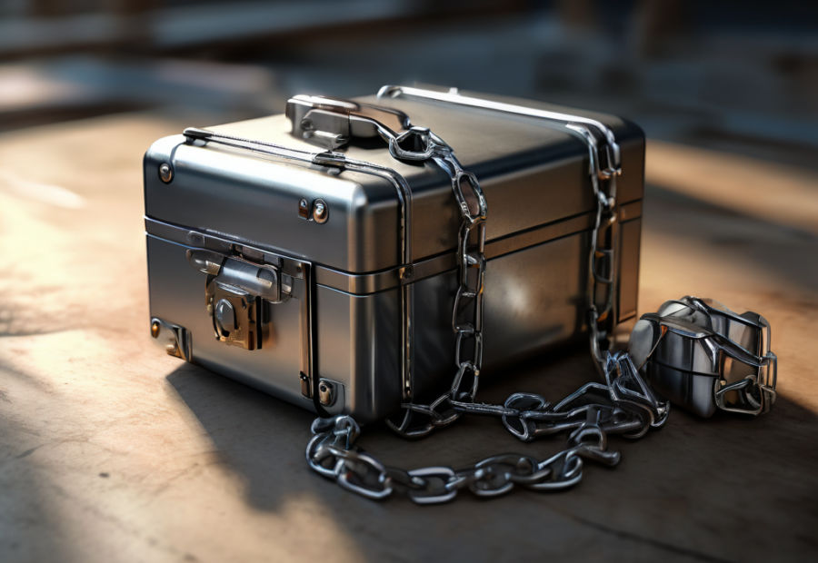 Brushed metal storage case with chain and small blocks, morning light, shallow depth of field, digital organization concept.