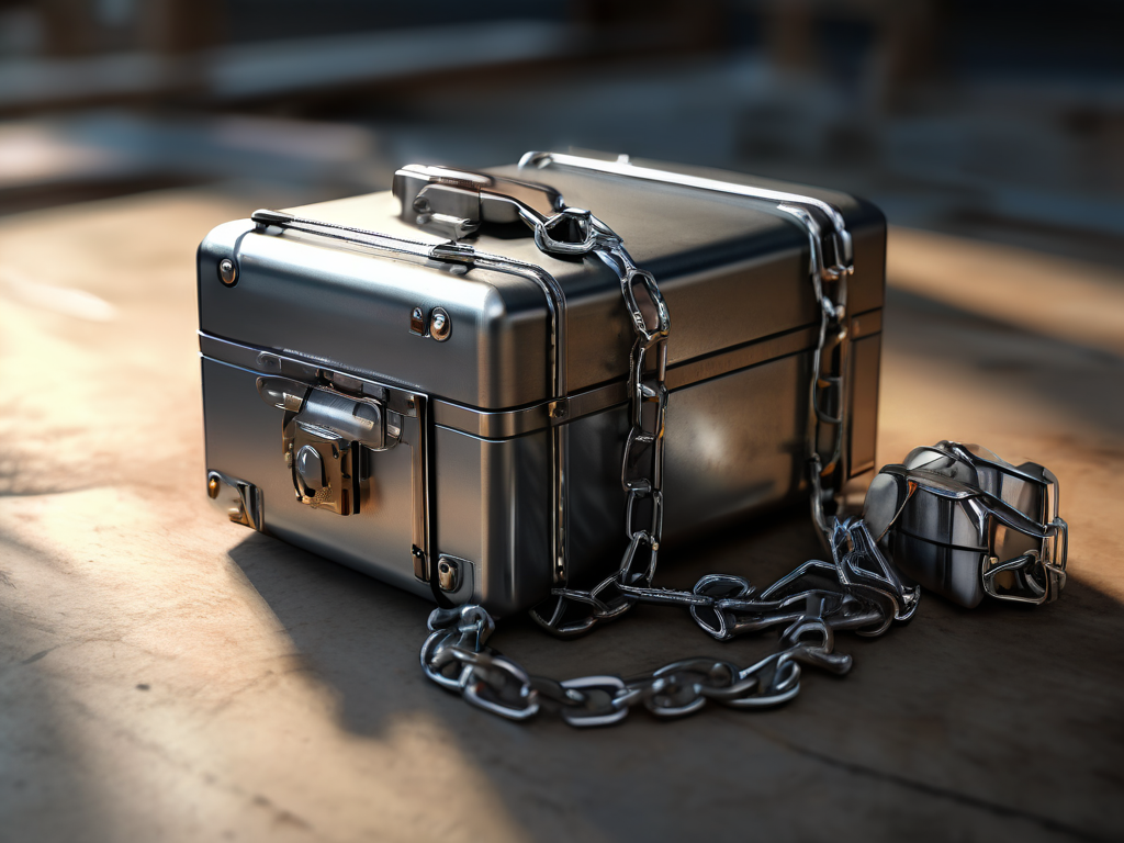 Brushed metal storage case with chain and small blocks, morning light, shallow depth of field, digital organization concept.