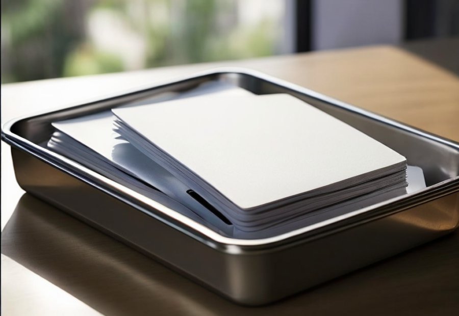 Blank address cards stacked in a metal tray with one divider pulled forward on a brushed surface.