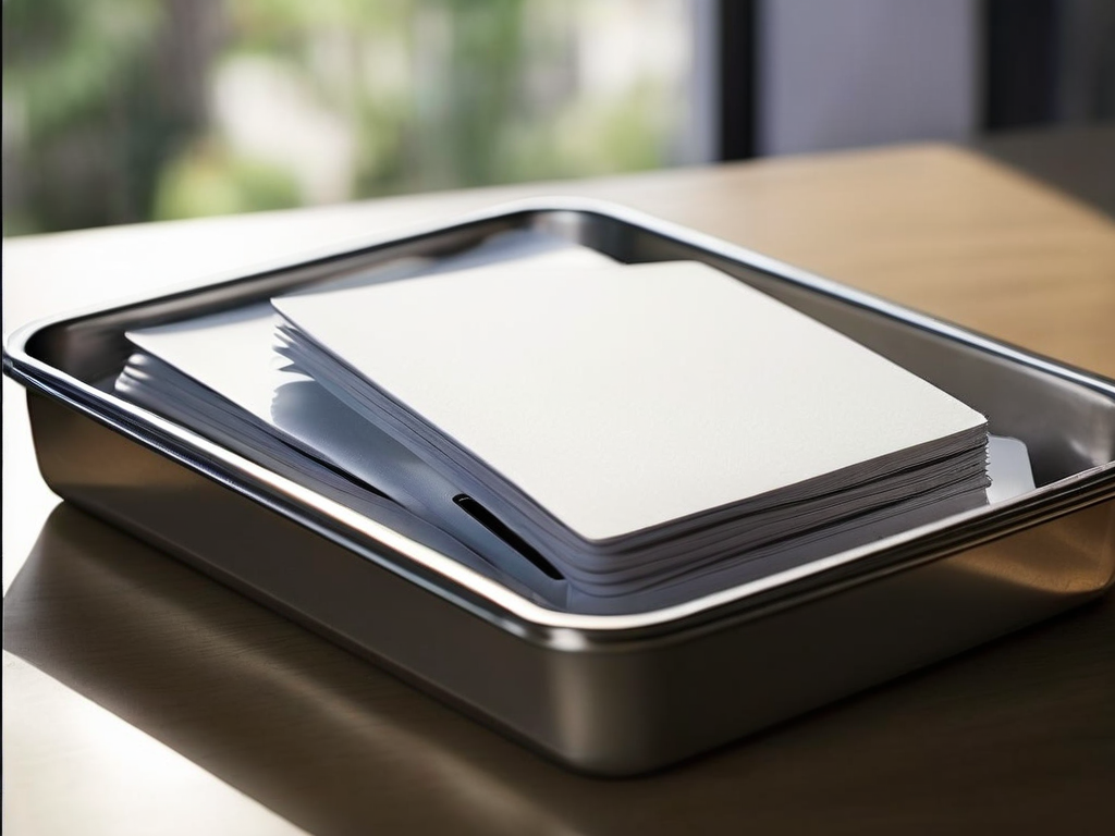 Blank address cards stacked in a metal tray with one divider pulled forward on a brushed surface.