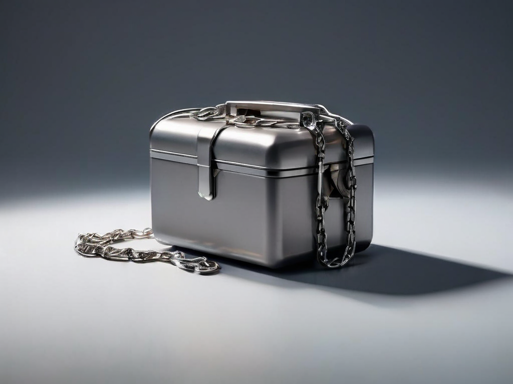 A sealed metal case linked by a short chain to small blocks representing file destinations on a gray studio surface.