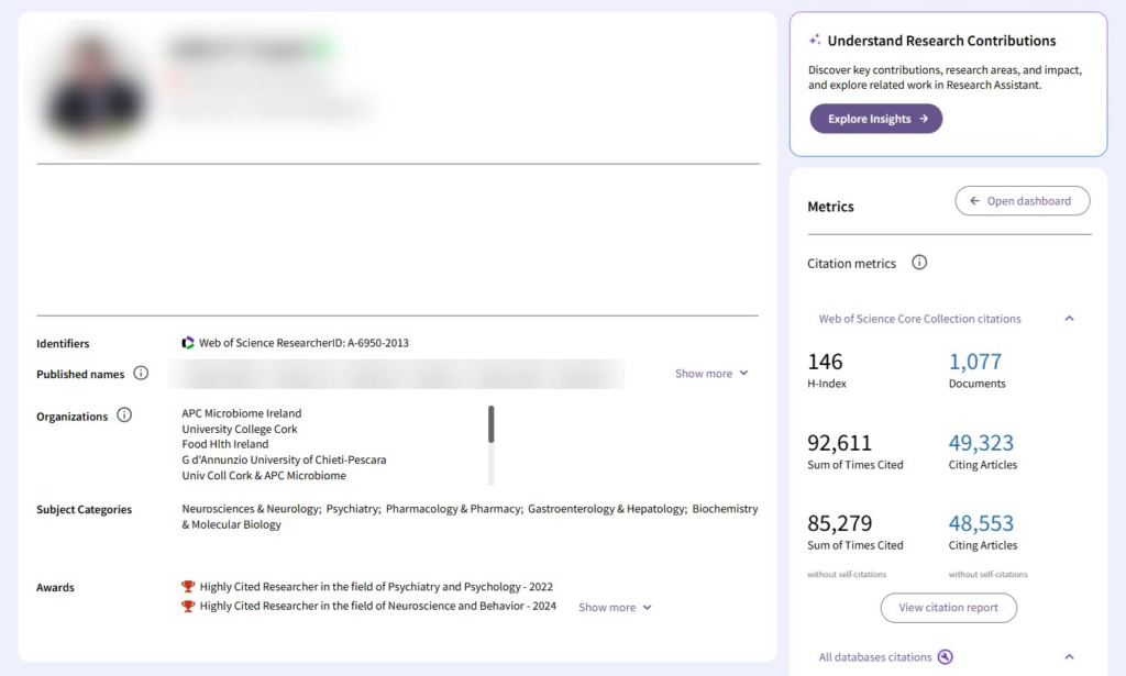 Web of Science researcher profile page showing researcher identifiers, organizations, subject categories, awards, and citation metrics including H-index and cited documents.