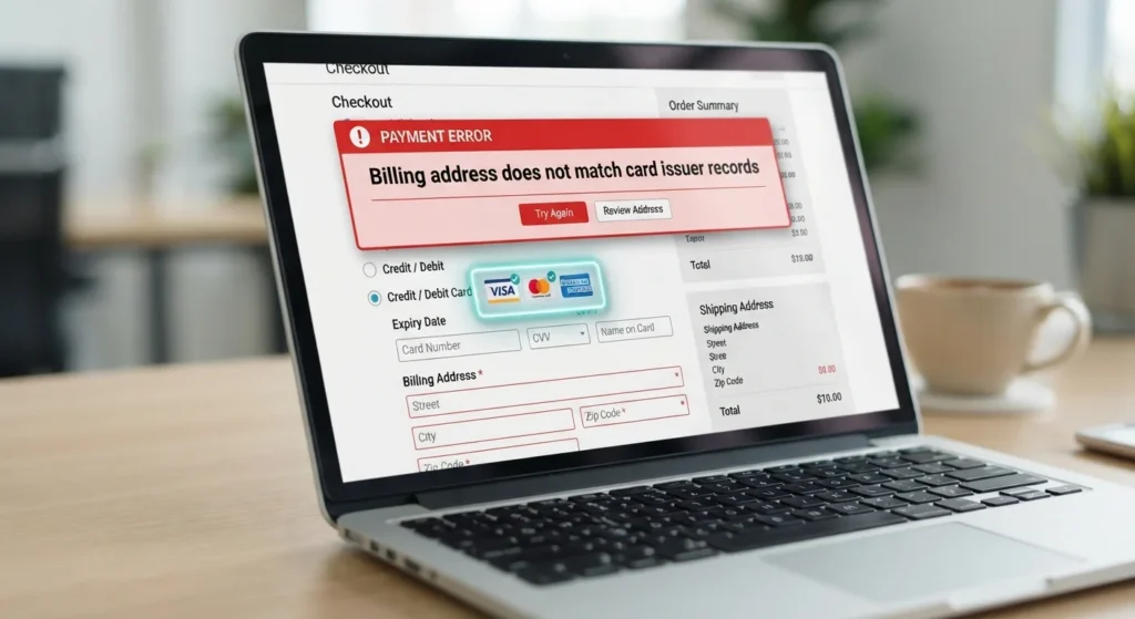 Illustration of an e-commerce checkout interface displaying a Billing Address Mismatch payment error.